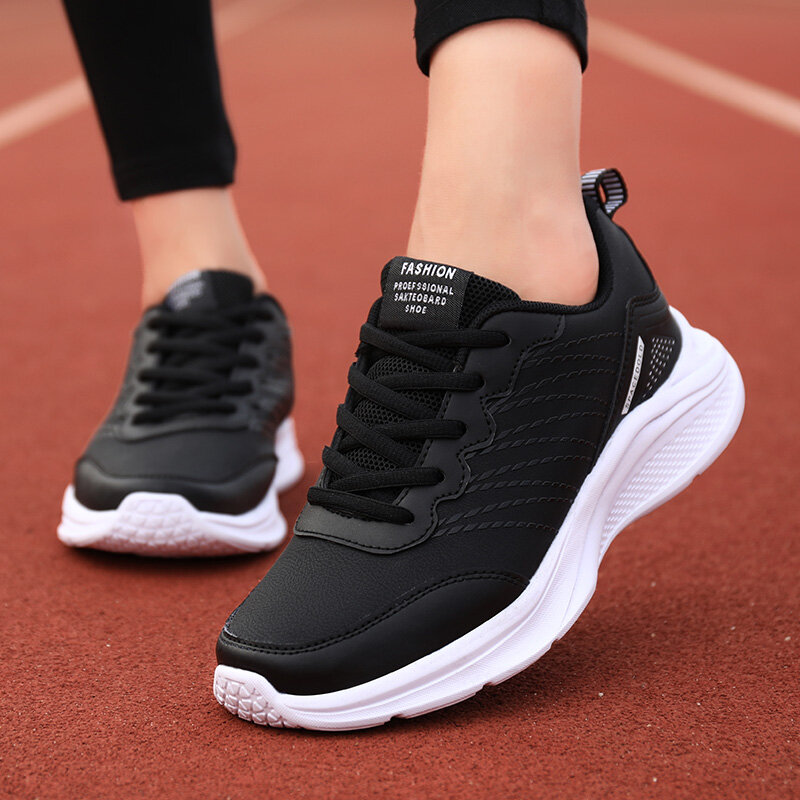 Waterproof Leather Chunky Sneakers for Women, Running Shoes, Casual Sports Shoes, Black Trainers, Autumn, Spring