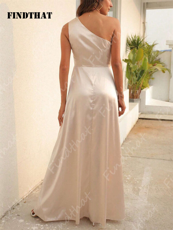 Findet das elegante eine Schulter sexy Seite geteilt Oberschenkel Satin lange Brautjungfer Kleid 2024 einfache ärmellose A-Linie Abend Party kleid