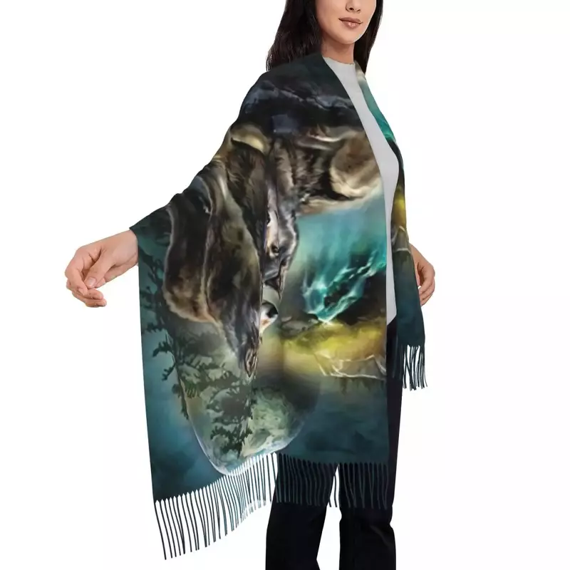 Female Long Wolf Scarves Women Winter Thick Warm Tassel Shawl Wrap Moon Scarf