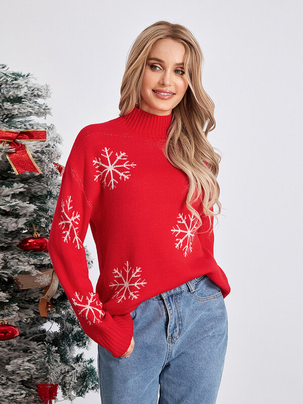 Women Christmas Sweater Casual Long Sleeve Round Neck Reindeer Geometric Print Pullover Knit Tops Fall Winter Jumpers Streetwear