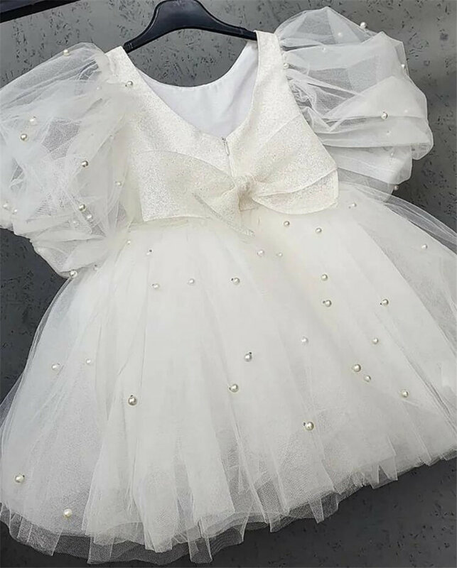 New White Ivory Flower Girl Dress Tulle Pearls O Neck Kids Princess Dress Girl Pageant Gown Kid Girl Birthday Gowns