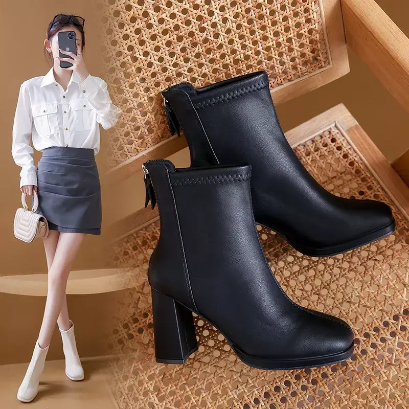 Botas minimalistas para mulheres, salto alto grosso, botas femininas de comprimento médio com cabeça quadrada pequena, botas de outono e inverno
