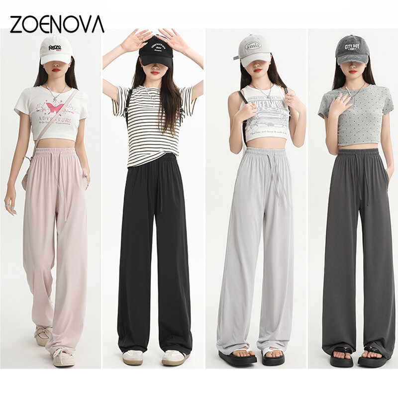 ZOENOVA-Calça casual de pernas largas para mulheres, seda gelo, lyocell, cintura elástica, proteção solar reta, moda coreana, alta qualidade
