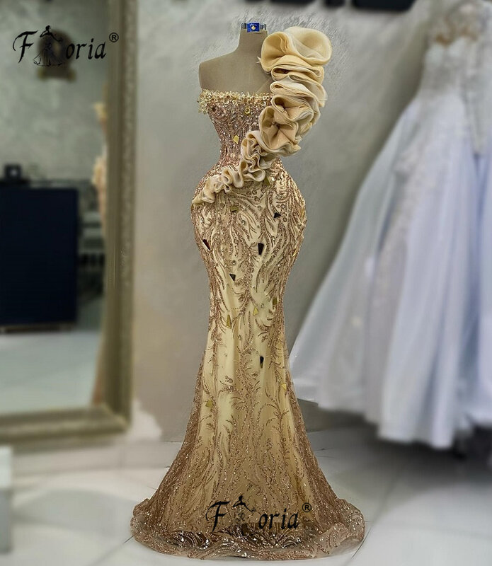 Türkische Frauen Champagner Meerjungfrau Abendkleider gekräuselte Schulter Kristall perlen Hochzeit besondere Zeremonie Kleider Ballkleid