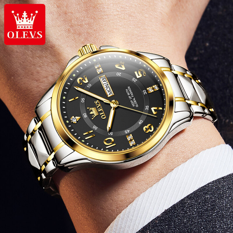 OLEVS Mens Watches Top Brand Luxury Stainless Steel Quartz Watches for Men Waterproof Luminous Date Week Fashion Man Wristwatch
