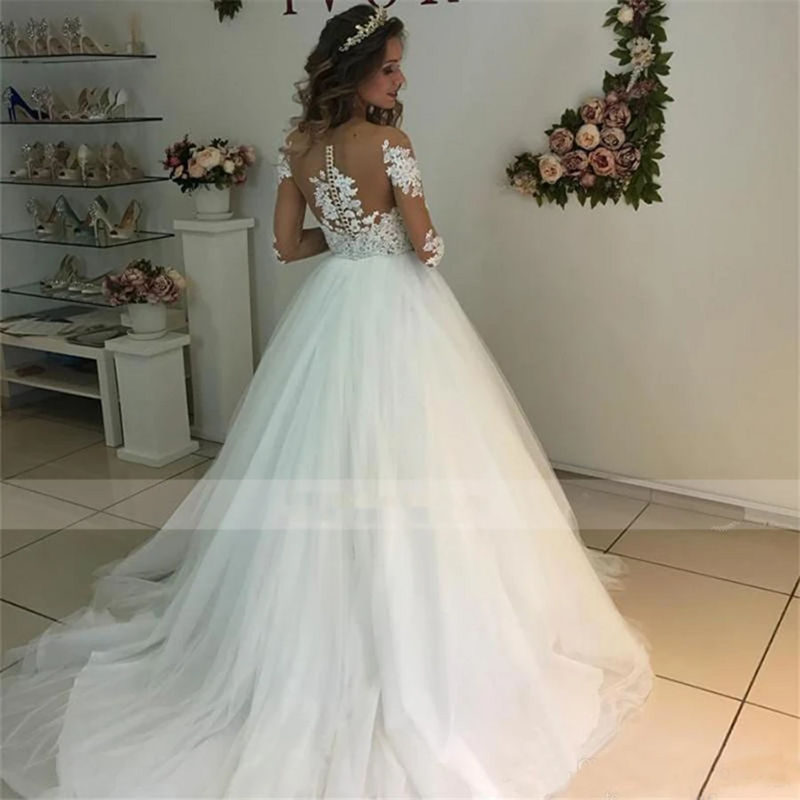 Süßes weißes Brautkleid V-Ausschnitt Langarm Aufkleber A-Linie Tüll boden langes Brautkleid vestidos de novia فستان الزفاف