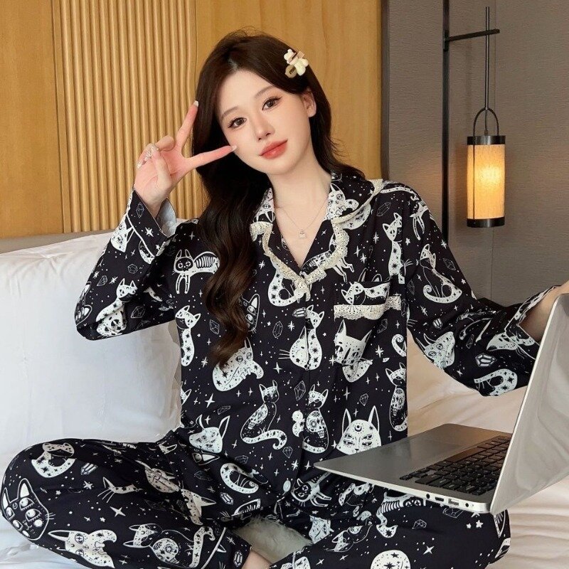 Mädchen lose Nachthemden Frauen Frühling Sommer Pyjama Set Eis Seide dünne Schlaf kleidung Langarm Hosen lässig zu Hause Kleidung Anzug