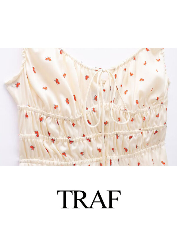 TRAF-فستان نسائي صغير برباط مكسو بظهر مكشوف ، فستان نسائي نحيف ، طباعة غير رسمية ، بلا أكمام ، ياقة مربعة ، موضة جديدة ، صيف
