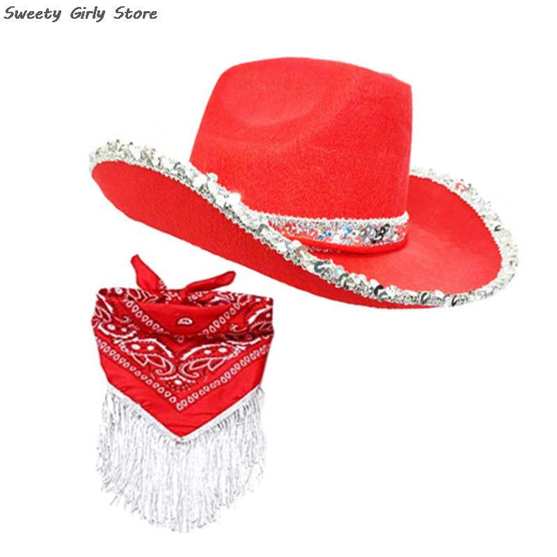 Conjunto de chapéu de vaqueira lantejoula para mulheres, performance de jazz, aba grande, boné Panamá ocidental, chapéus extravagantes, festa, vaqueira, 2 peças