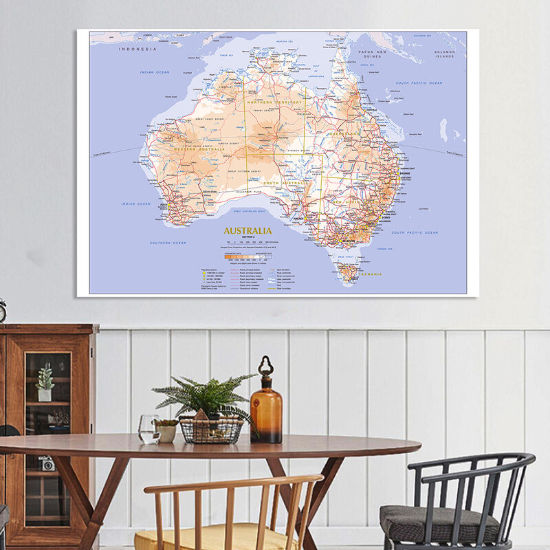 225*150 см карта географии и движения Австралии, большой плакат, Нетканая холщовая картина, школьные принадлежности, украшение для дома