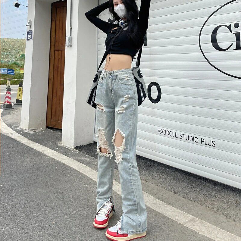 Streetwear Jeans strappati Vintage donna nuovo lavaggio a vita alta vecchi pantaloni dritti con spacco pantaloni in Denim moda ragazze Grunge