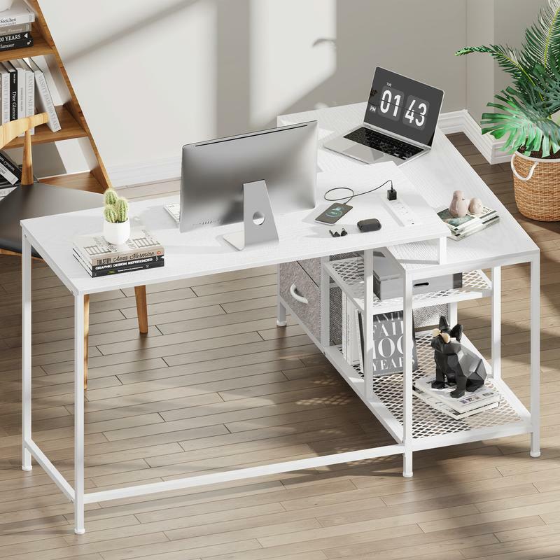Biurko ERJARE w kształcie L z gniazdkami, biurko komputerowe z szufladami i półkami, na narożnik biurka biurko do pracy w domu na biurko do gier