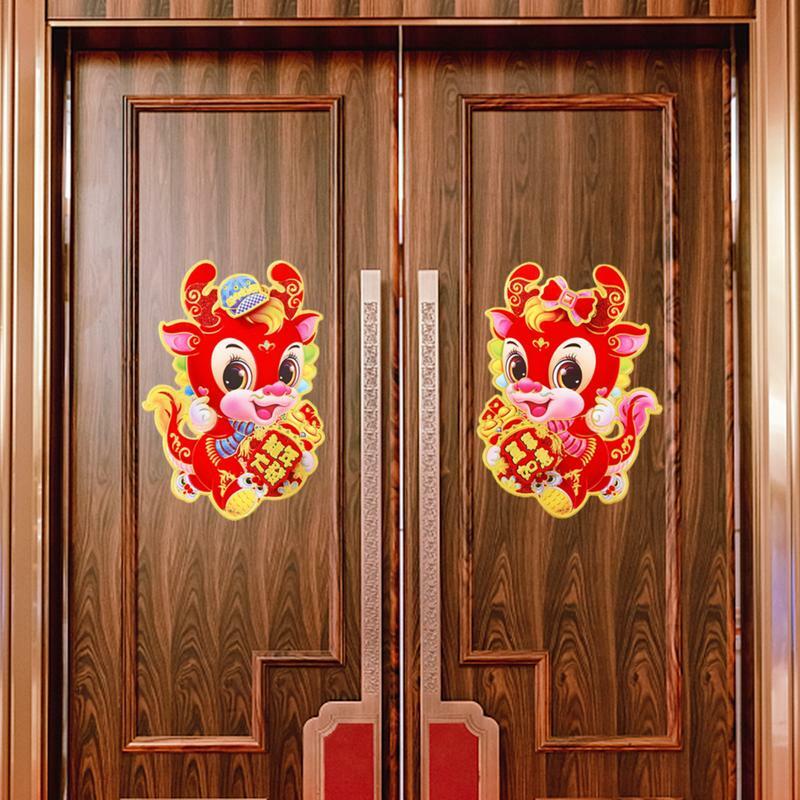 Stiker pintu Tahun Baru Cina, stiker Festival Musim Semi 3D pintu naga dalam proses Flocking dekorasi Tahun Baru untuk jendela