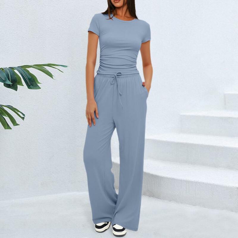2 PCS/SET Women's Tops And Pants Suits Tight High Waist Drawstring Elastic Waist Short Sleeve Solid Color Yoga Summer Suit