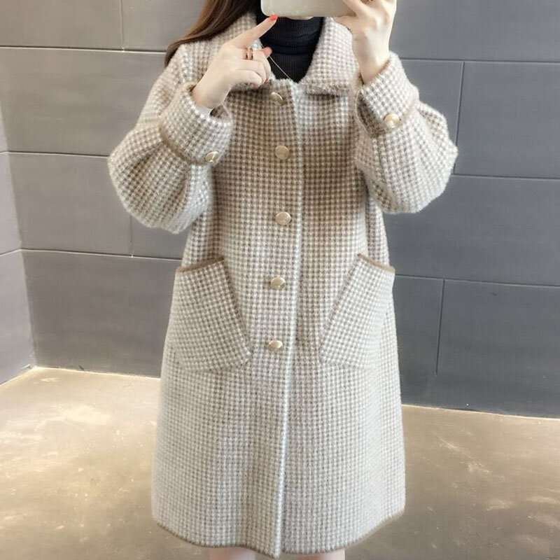 Imitacja mrugnięcia aksamitnego płaszcza w dziergany sweter 2023 jesienno-zimowa modne damskie wełniane płaszcz luźna płaszcz z rękawami z latarnią