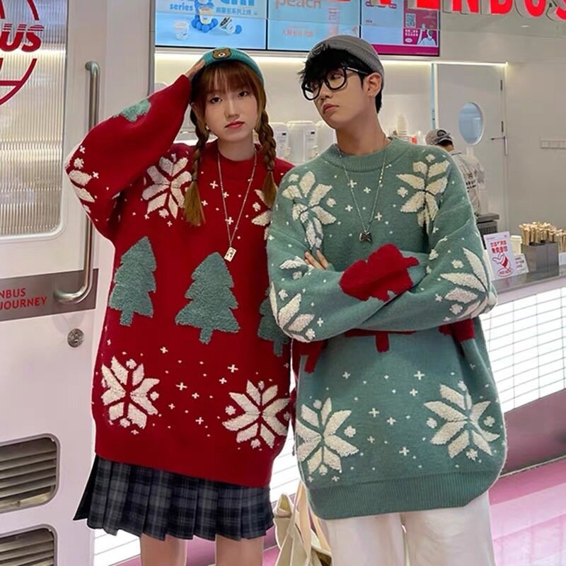 Y2K Men Christmas Tree Couple Street Sweater Woman Snowflake Sweatshirt Autumn Winter Unisex Man Casual Knitwear Pullover Shirts