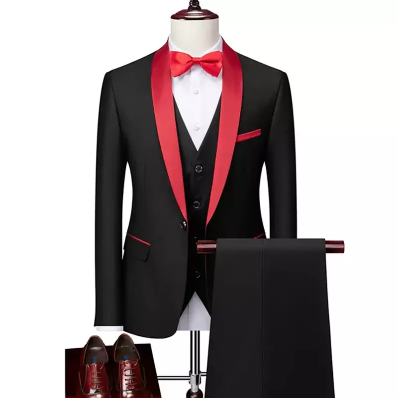 Men's Lapel Black Collar 3 Piece Suit Set Coat Vest Trousers / Business Groomsmen Groom Wedding Dress Fprmal Blazer Pants