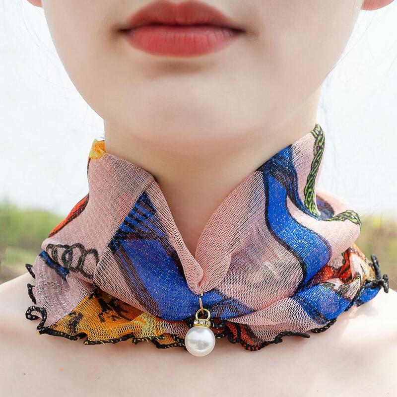 Fake Pearl Pendant Ruffle Lace Scarf Organza Neck Collar Chiffon Scarves Print Shiny Scarf Multi-functional Elastic Neck Wrap