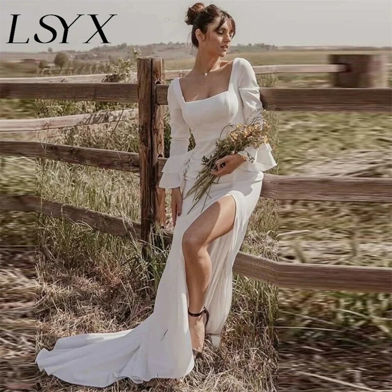 LSYX-vestido de novia de gasa con cuello cuadrado, traje de novia con corte en A, mangas largas abullonadas, espalda abierta, abertura lateral alta, hecho a medida