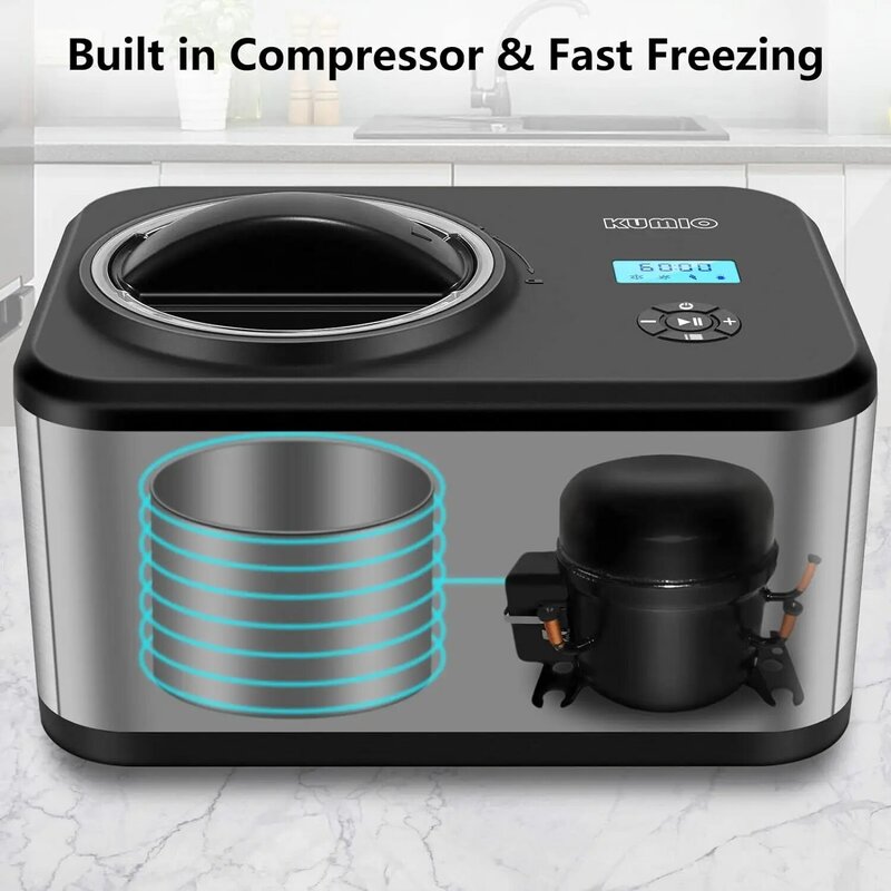 Máquina para hacer helados de 1,6 cuartos con compresor, sin congelación previa, 4 modos, con pantalla LCD, temporizador