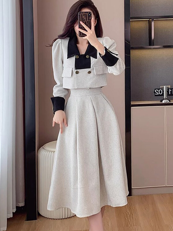 ชุดเสื้อแจ็กเก็ตสั้นแขนยาวของผู้หญิง + กระโปรงมิดิเอวสูงใส่ได้ MODE Korea