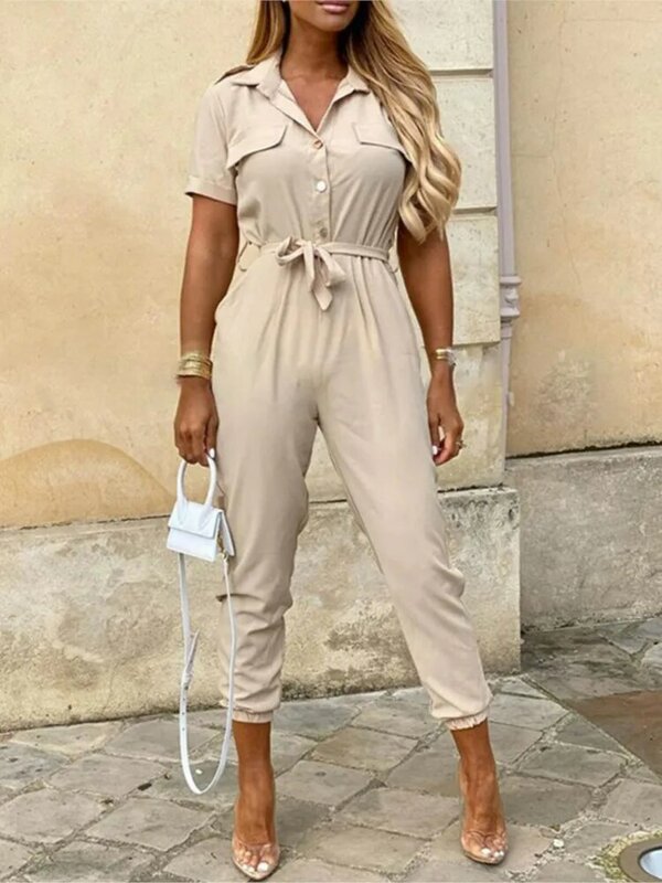 Casual Short Sleeve Jumpsuit Office Lady Spring Summer Fashion Elegant Solid Lace Up Jumpsuits For Women 2023 One Piece Rompers