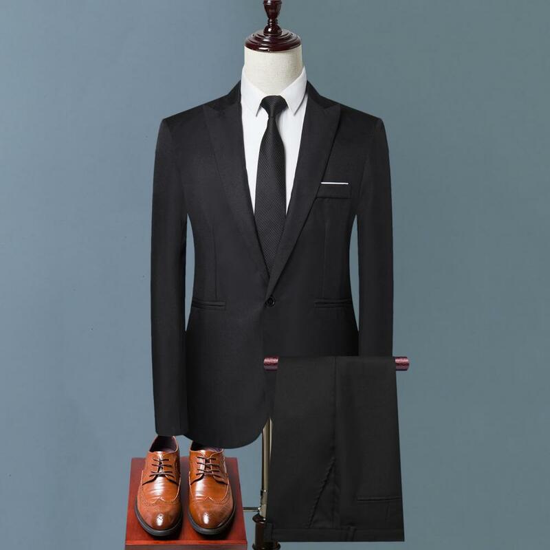 Conjunto de vestuário de trabalho masculino, cor sólida, slim fit, calça, lapela, manga longa, single-breasted, trabalho