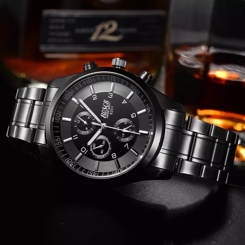 Relógio de quartzo dos homens da marca superior relógio de aço inoxidável bosck preto banda relógio de pulso à prova dwaterproof água militar relogio masculino