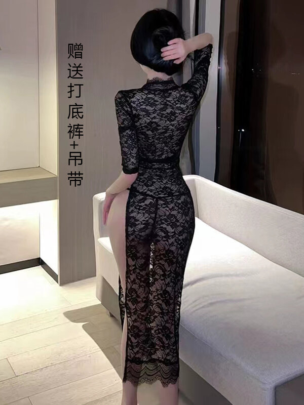 Nightclub Women's Sexy Dress with Lace Slit Collar, Black Mid Length High-end Club KTV Bar Work Uniform, Party Dress