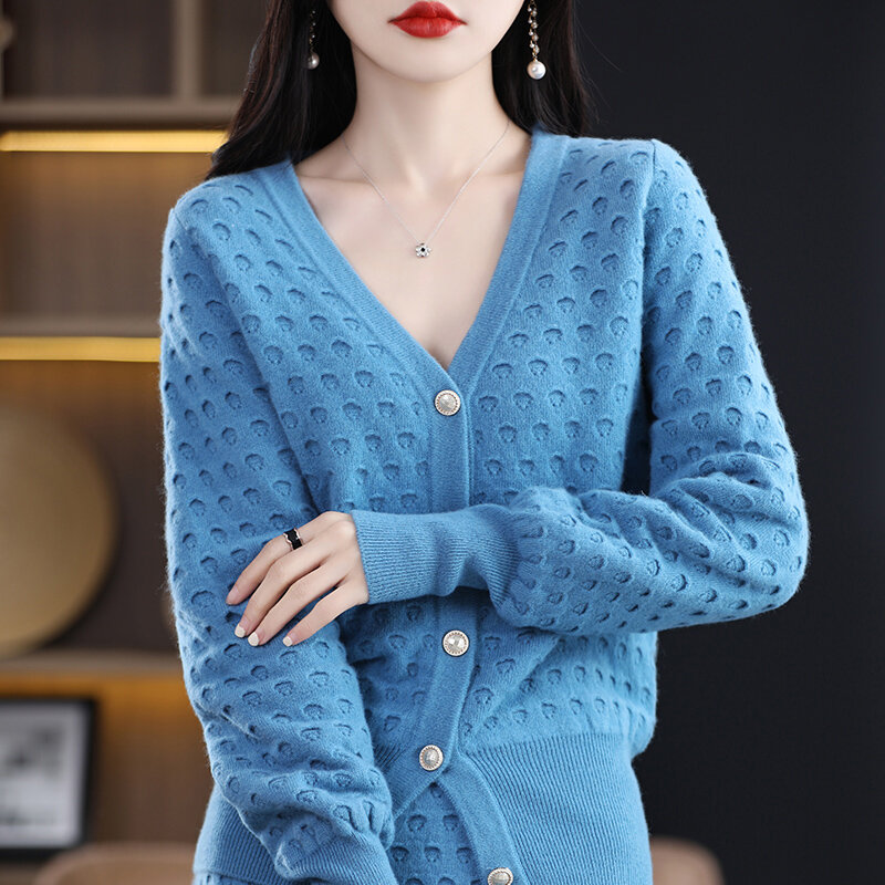 Primavera y otoño nuevo traje de lana para mujer, suéter de manga larga con cuello en V, abrigo de lana, falda de dos piezas, suéter Suelto