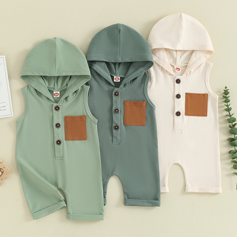 VISgogo-Pelele sin mangas para bebé, niño y niña, chaleco con capucha y bolsillo con botones, ropa de verano