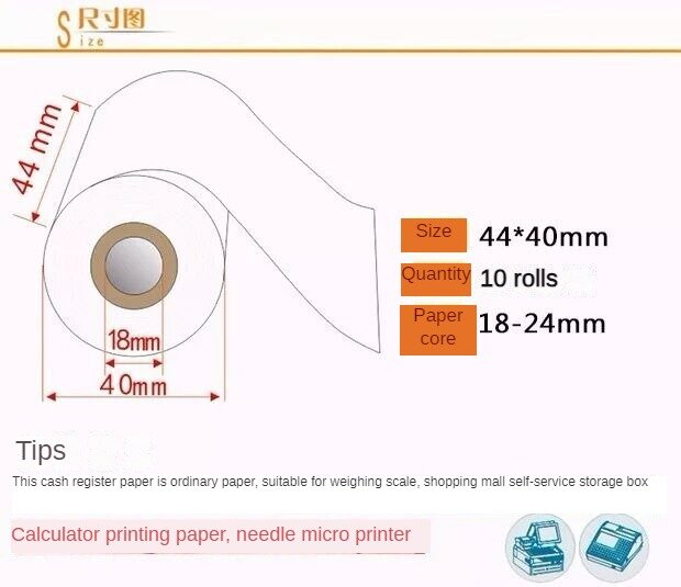 10 рулонов/упаковка кассового аппарата/POS однослойные бумажные рулоны 44 мм x 40 мм (ширина 1,75 дюйма)