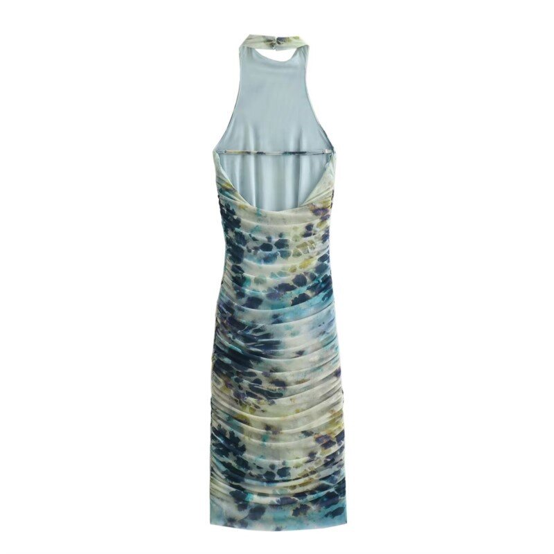 TRAF Printed Tulle Midi Dress Spring/Summer New Lady Sexy Hanging Neck Slim Fit Backless Long Dress