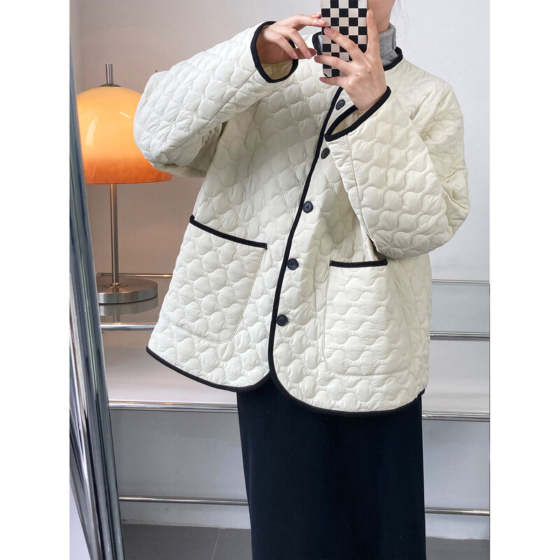 Vestuário feminino 2022 outono inverno acolchoado algodão design sentido retalhos cor solta algodão simples casual inverno jaqueta feminina