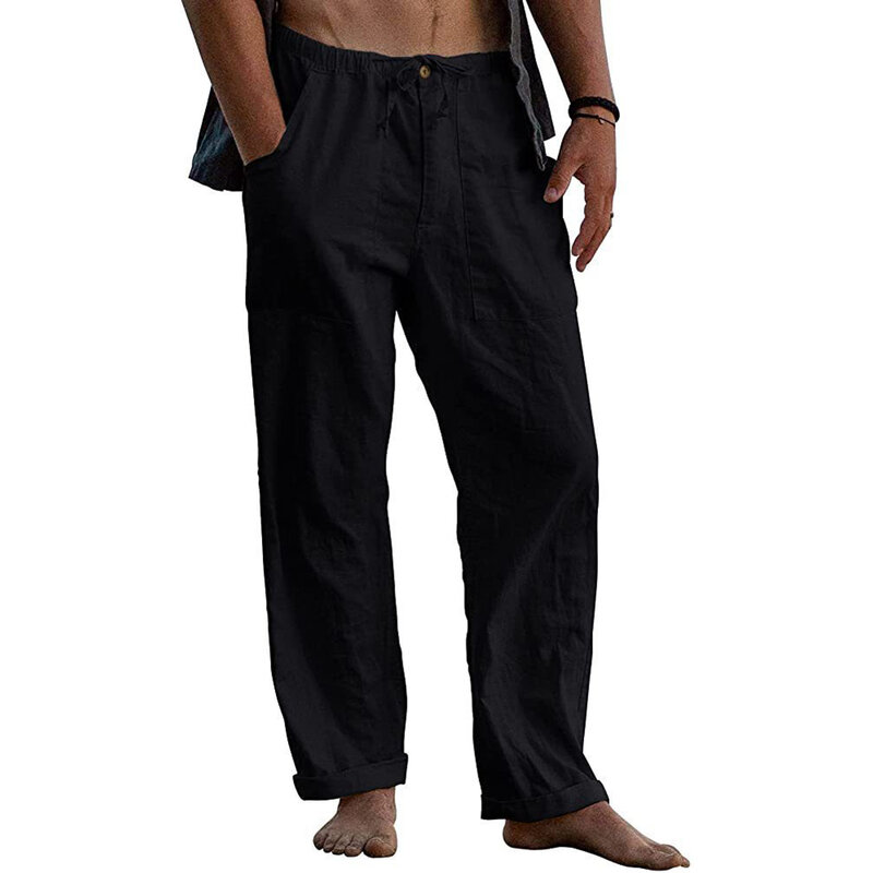 Celana legging katun Linen pria, Bawahan longgar elastis kasual pantai musim panas pantat tidur