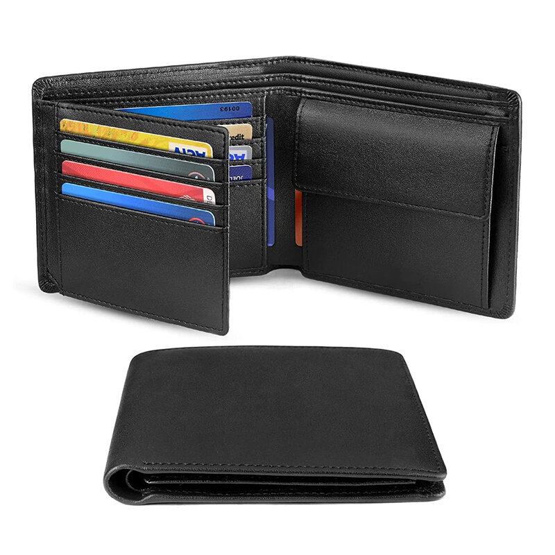 Billetera minimalista de cuero genuino para hombre, billetera con bloqueo RFID, triple pliegue delgado con bolsillo para monedas y ventana de identificación, 100%