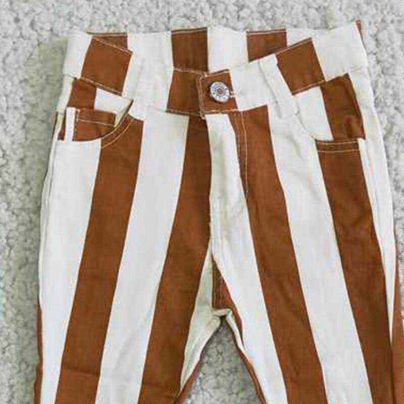 Новые летние модные серые и белые полосатые джинсовые расклешенные джинсы для маленьких девочек оптом бутик джинсовые длинные брюки