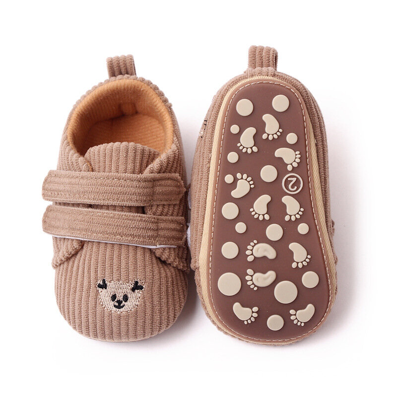 Bebê menina e menino sapatos de camurça, antiderrapante, sola macia, urso dos desenhos animados, primeira caminhada