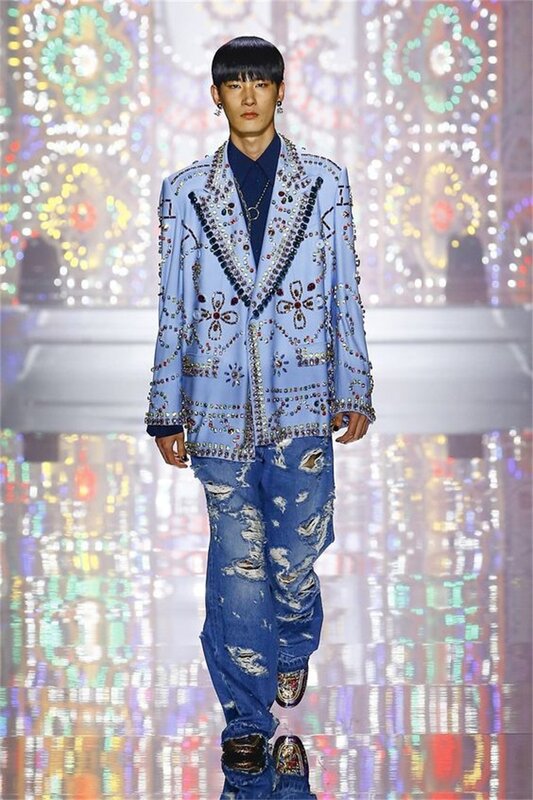 Hellblaue Kristall Männer Anzüge Hosen 1 Stück Blazer Luxus Bräutigam Hochzeit Smoking Zweireiher Mantel Ballkleid maßge schneiderte Jacke