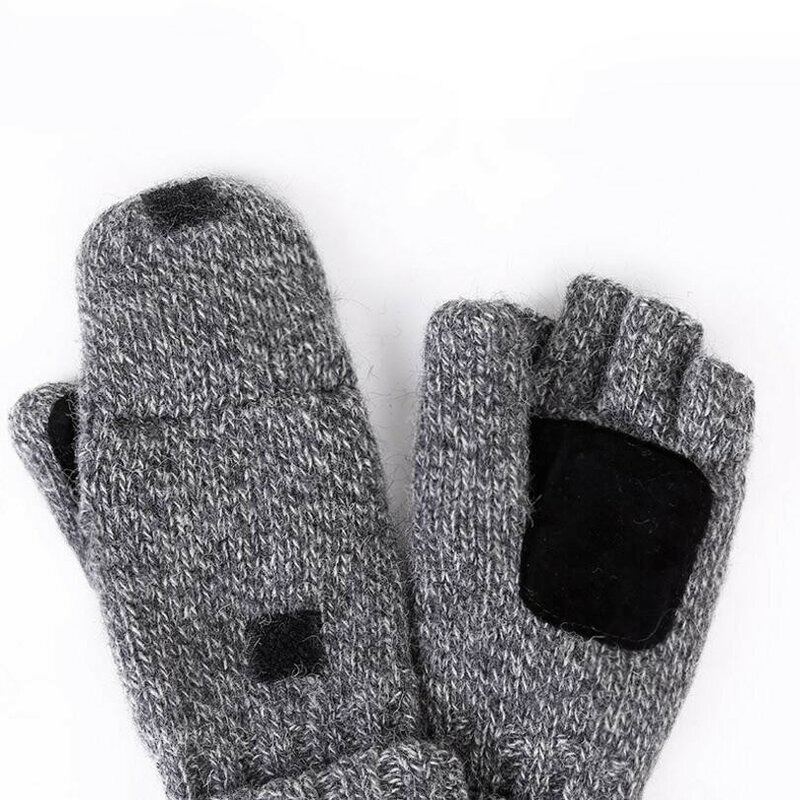 Unisex Plus ชายหนาถุงมือครึ่งนิ้วผู้ชายผ้าขนสัตว์ฤดูหนาว Warm สัมผัสนิ้วมือ Mittens แบบถักอบอุ่นพลิกถุงมือครึ่งนิ้ว
