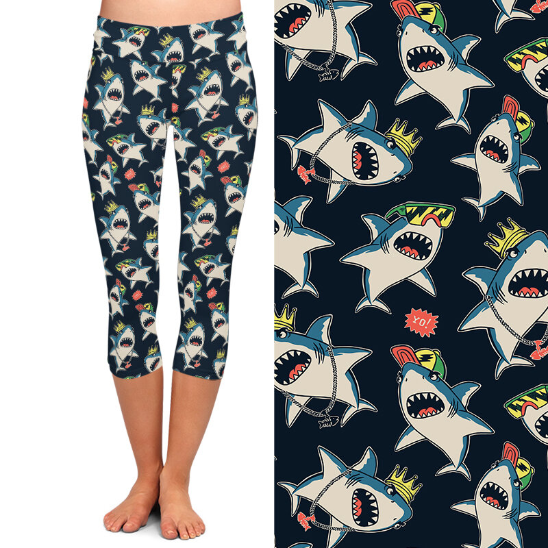 LETSFIND-mallas Capri de cintura alta para mujer, leggings suaves con estampado de tiburón de dibujos animados en 3D, pantalones elásticos ajustados de media pantorrilla, 3/4