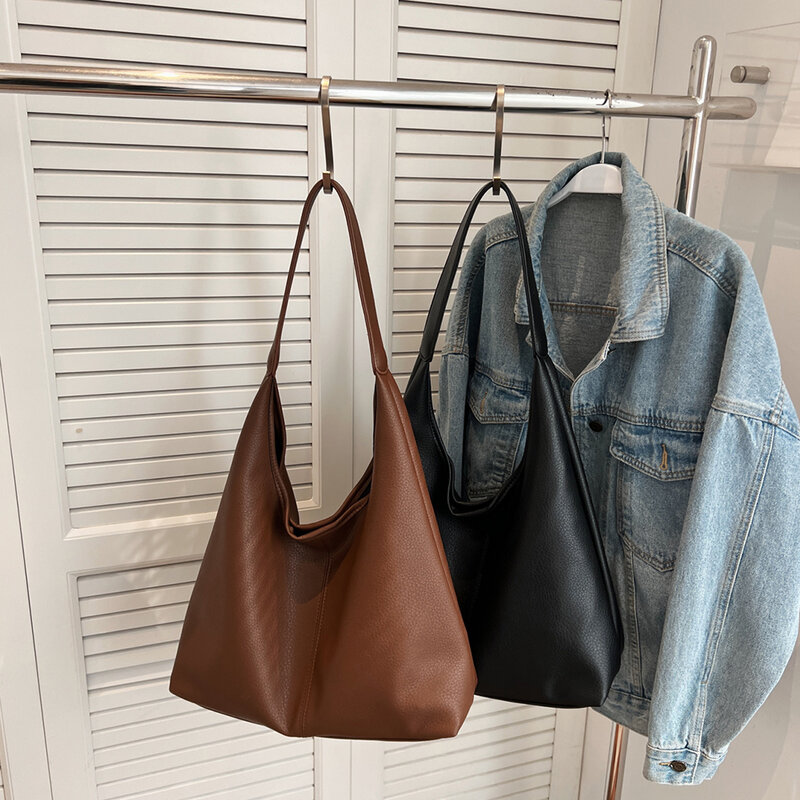 All-Match Women Shoulder Bag Solid Soft Leather Bucket Bag Large Capacity Tote Top-Handle Bags For Daily Dating Work Shoppers