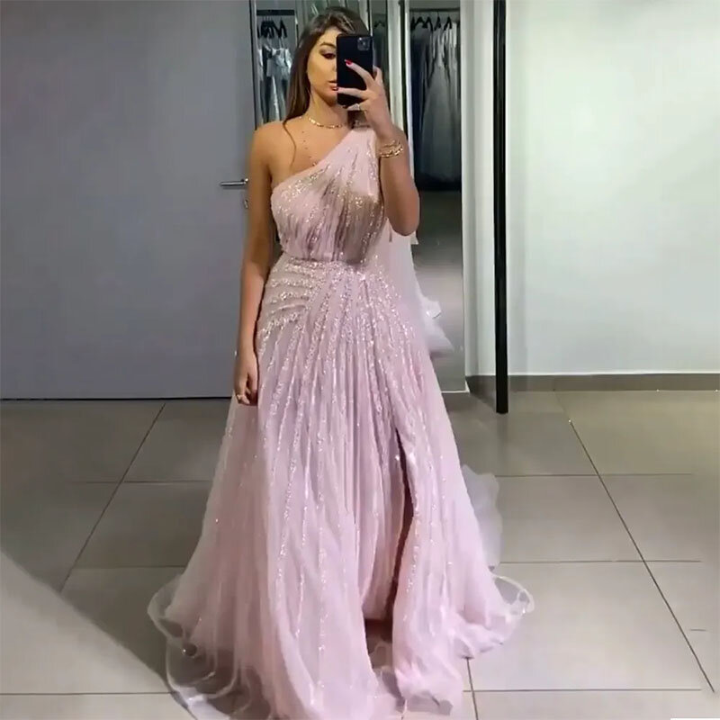 Fashion A-Line Beaded Evening Dresses One Shoulder Sleeve Prom Gowns Beading Sequin Arabic Dubai Abendkleider Vestidos
