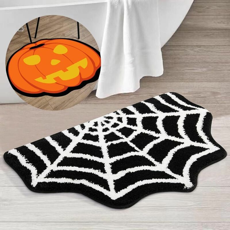 Halloween Spider Web Bath Mat Non Slip Pumpkins Rugs Gothic Bats Coffins Carpet White Half Round Bath Mat Bathroom