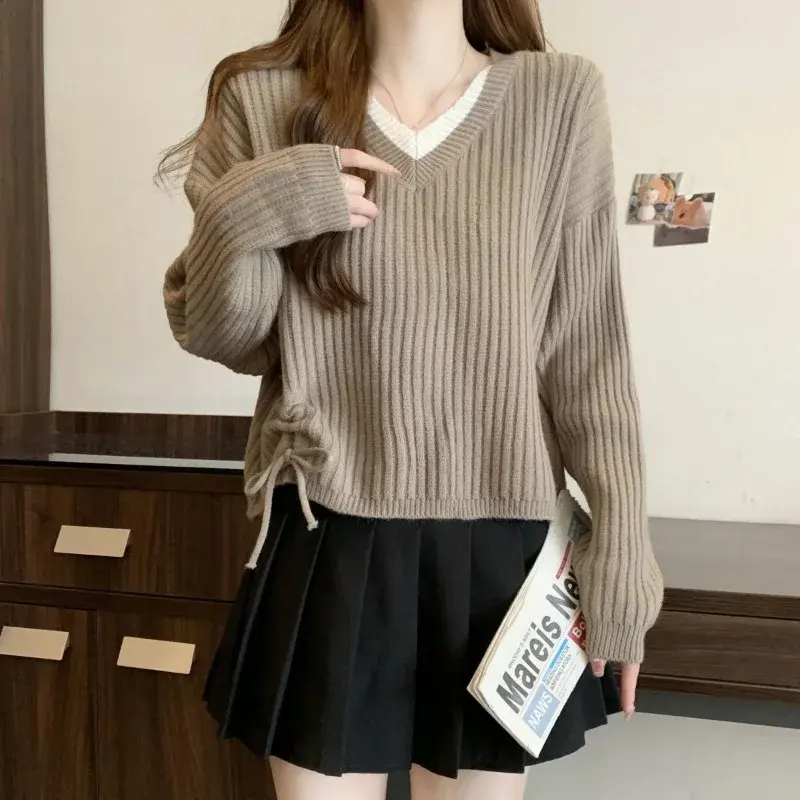 Winter Pullovers Women Fake 2pecs V-neck Knitted Drawstring Design Chic All-match Gentle Autumn  Tops Female Popular Sweet