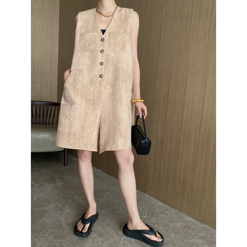 Women H-type Loose Slim Casual Sleeveless Jumpsuit Shorts Korean Chic Gray Khaki Basic French Office Lady Vest Playsuits Summer