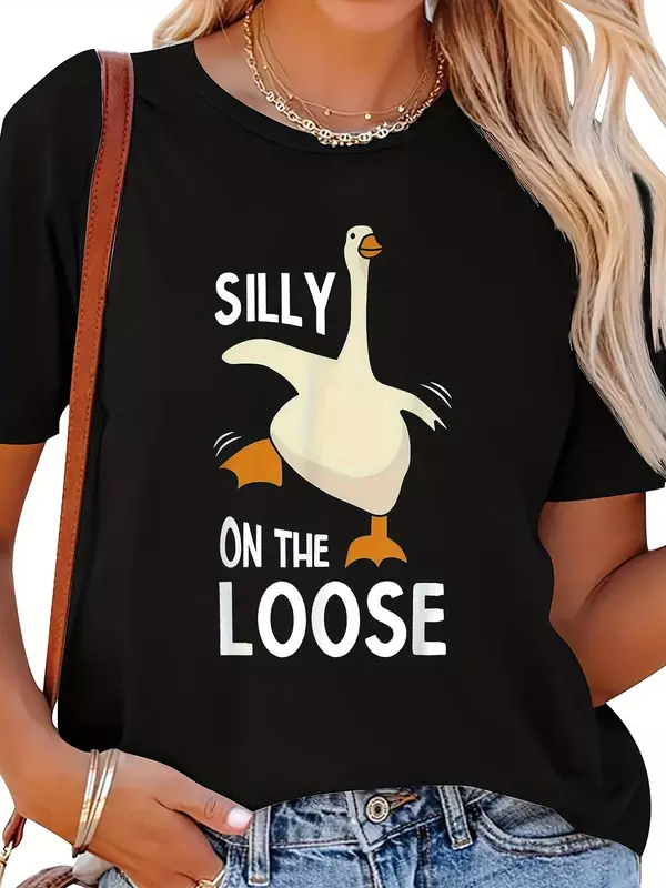 Y2k Short Sleeves Summer Loose T-shirt 2024 New Silly Goose on The Loose Duck Print Women's Fashion Top Cute Round Neck Tee