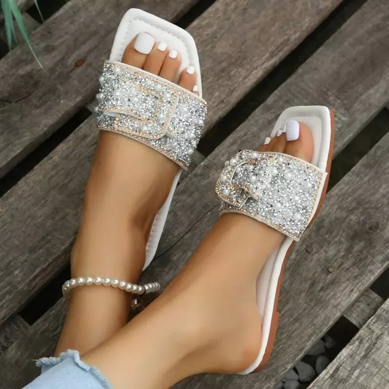 Women's Rhinestone Pearl Flat Sandals, Elegant and Charming Shoes, Fashionable, Party and Office, Summer Novelty, New, 2024
