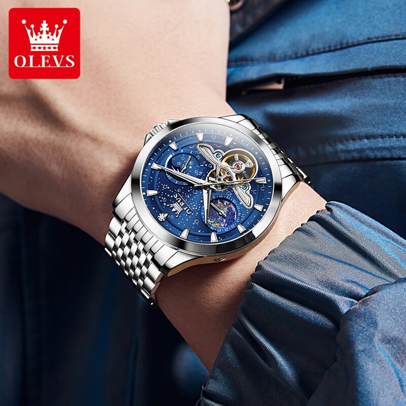 Zegarki męskie OLEVS klasyczna moda oryginalny automatyczny zegarek mechaniczny dla człowieka wydrążone koło zamachowe faza księżyca tarcza wodoodporna
