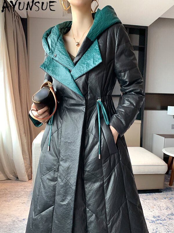 AYUNSUE-Jaqueta de couro genuíno para mulheres, casaco com capuz inverno, Parkas longas elegantes, pele de carneiro real, alta qualidade